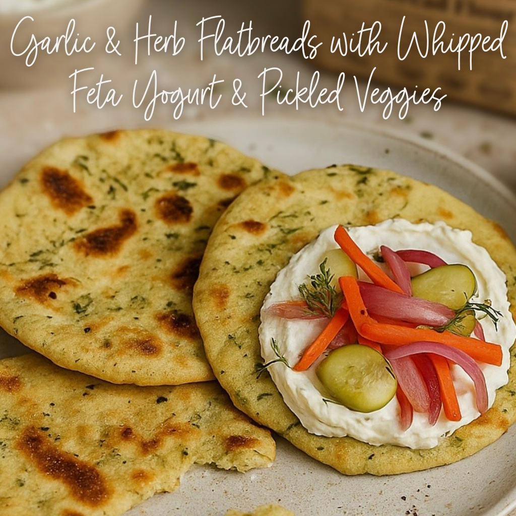 Garlic & Herb Flatbreads with Whipped Feta Yogurt & Pickled Veggies